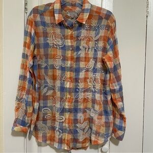 Johnny Was Sabrina shirt sunset weave crinkle fabric embroidered birds flowers S